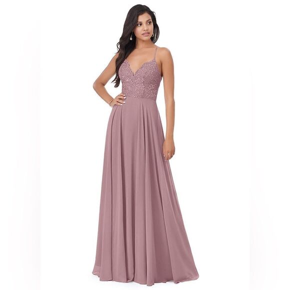 A-Line Lace Chiffon Bridesmaid Wedding Dress Dusty Rose - Picture 8 of 13